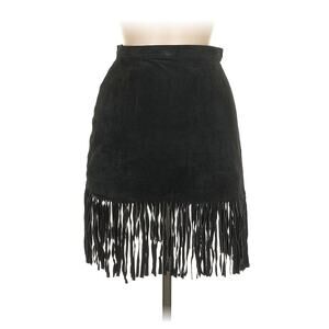 VTG Comint Black Fringe Suede Leather Mini Skirt UK 6 US 2
